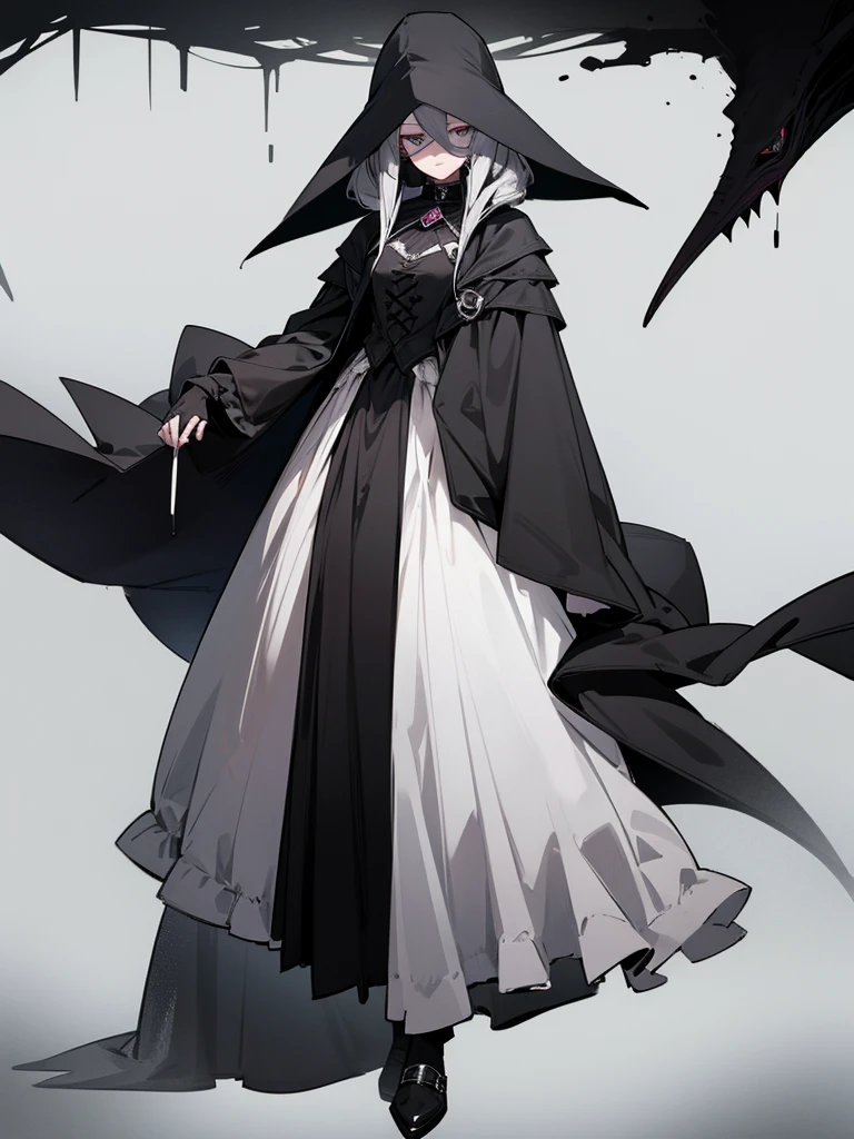 A female plague doctor. She would have totally black hair, her hair is short and messy. Her eyes would also be black and she would be very tall, having the appearance and stature of an adult. Her clothes would cover her entire body except for her face.