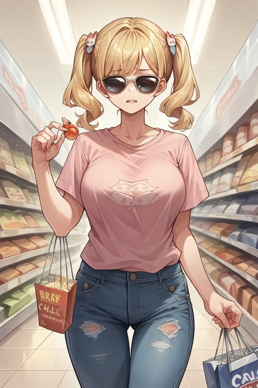 score_9, score_8_superior, score_7_superior, score_6_superior, sauce_anime, Break 1 Girl, onizaki kirara, Blonde, Twin tails, hair ornaments, Pink T-shirt, Large Breasts, sunglasses, Distressed jeans, Shopping mall, I&#39;m watching you,