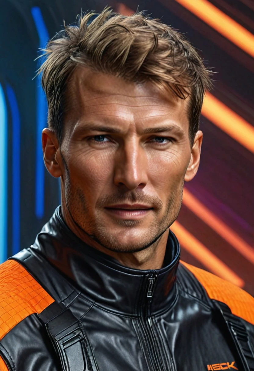 (Best quality), (Highly detailed), (High resolution), (8K), (Realistic), (Portrait), Upper body, A Dutch man named Hans van der Meer, with a rugged, masculine face texture and a defined mid-jawline, looking energetic in sport attire, standing confidently against a vibrant, futuristic concept art background