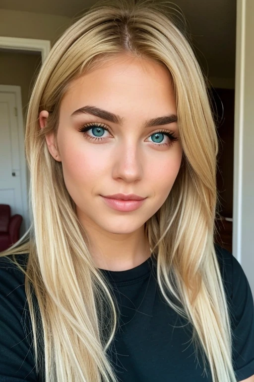create me a realistic young woman green eyes blonde 