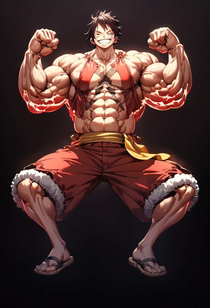 1 male, luffy, one piece, smiling, full body, Facial features carefully detailed, hands carefully depicted, very muscular, flexing arms position, dark background, 8k, best quality