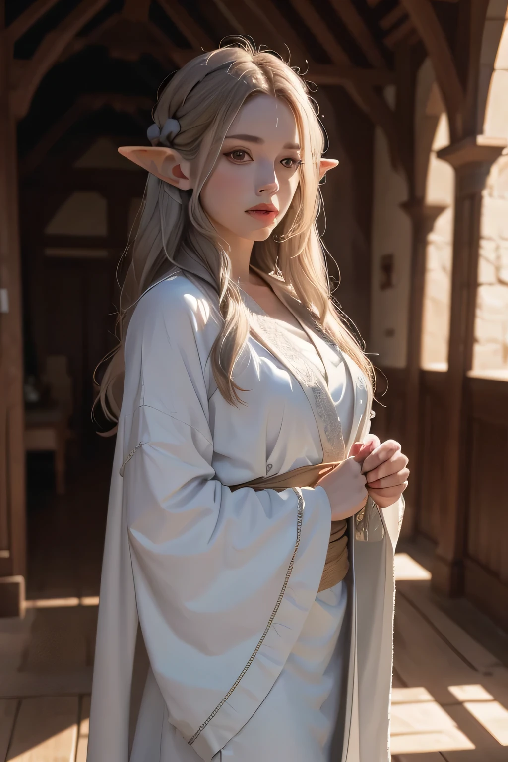 ((best qualityer)), ((work of art)), (detailded), high qualiy, 8K Ultra-HD, 1 A beautiful elf, rosto de Liv Tyler ,Long silky gray hair,, olhos amendoados, thin lips, Round face, standing in a medieval hall , vestindo long robe , clothes of an elf of the elven aristocracy, long robe, perfect hands, pure look, Perfect artwork, work of art, Character details, free and perfect scene ,clear lighting, detailed shadows