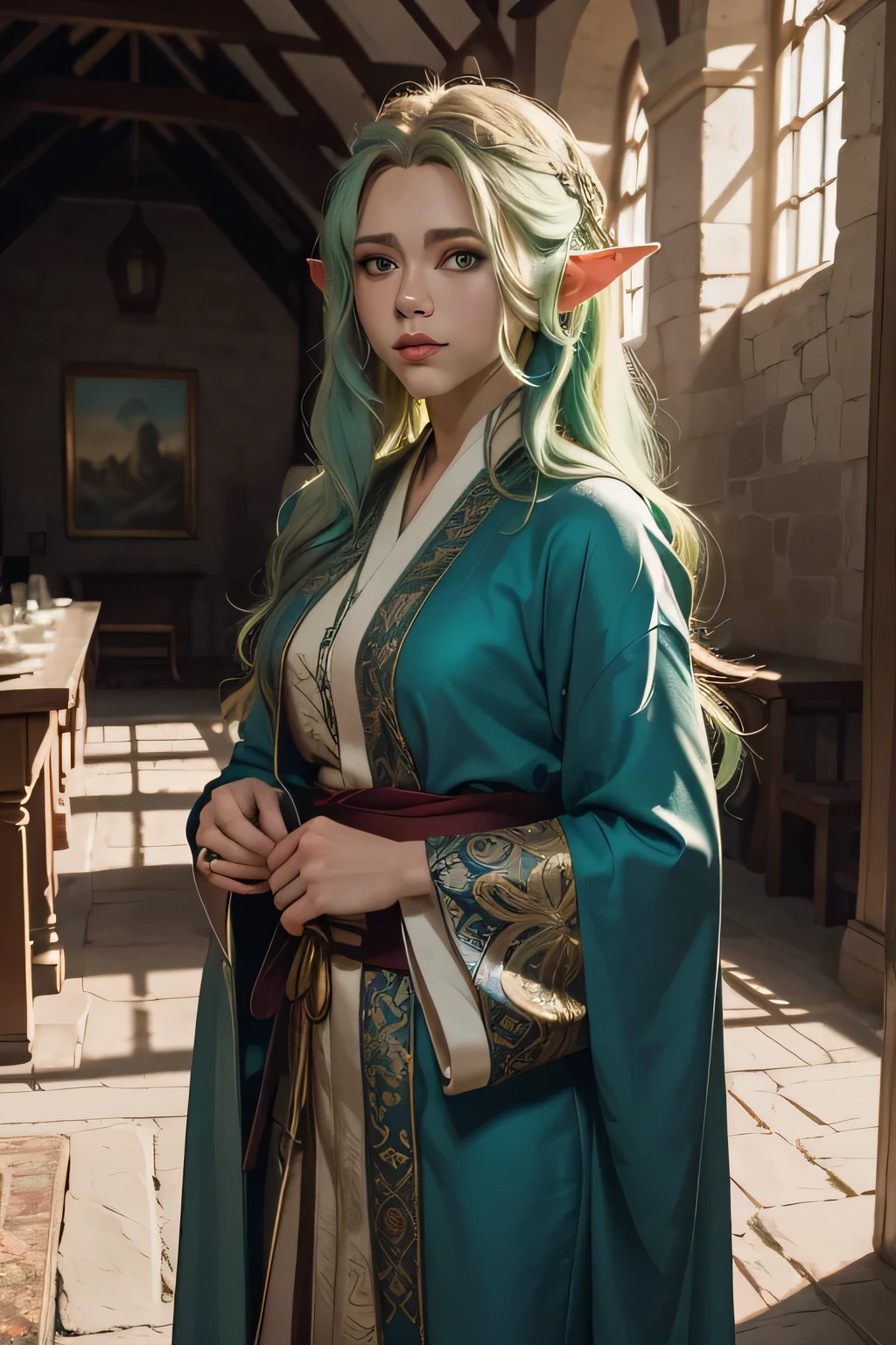 ((best qualityer)), ((work of art)), (detailded), high qualiy, 8K Ultra-HD, 1 A beautiful elf, rosto de Jennifer Aniston ,Long light green hair, blue colored eyes, thin lips, Round face, standing in a medieval hall , vestindo long robe , clothes of an elf of the elven aristocracy, long robe, perfect hands, pure look, Perfect artwork, work of art, Character details, free and perfect scene ,clear lighting, detailed shadows