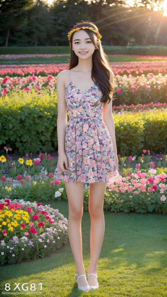 Full body photo,(((Slim body)))),, twilight rays, naked, flower crown, ((Tokugawaen))), rose front blur, bokeh, photorealistic, surrounded by colorful roses, ((smiling)))))), (1 girl), (sunset:1.3), (8k, RAW photography, best quality, masterpiece:1.2), (realistic, photorealistic:1.37), best quality, Ultra High Definition,(Standing in a Flower Garden:1.3), (Vivid and Colorful:1.3)