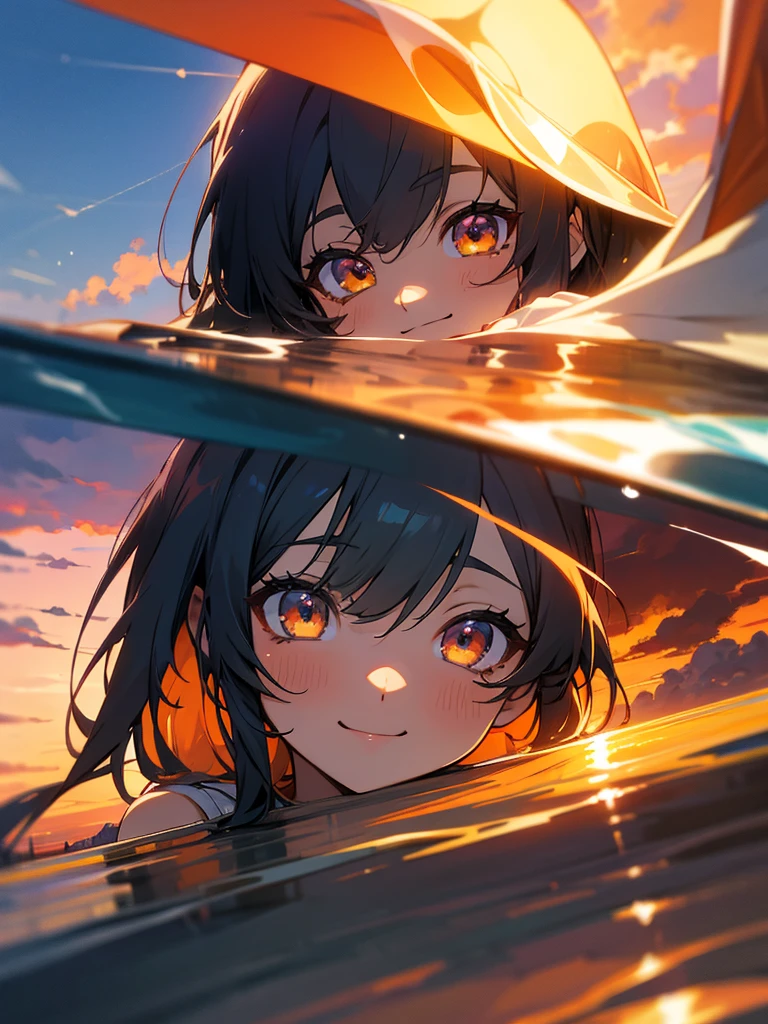 anime style, in the sky, over the sea, two eyes open, eyes detailed, in a sunset, smiling, masterpiece, 4k, detailed face, good anathomy, highlights,