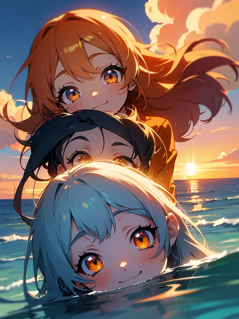 anime style, in the sky, over the sea, two eyes open, eyes detailed, in a sunset, smiling, masterpiece, 4k, detailed face, good anathomy, highlights,