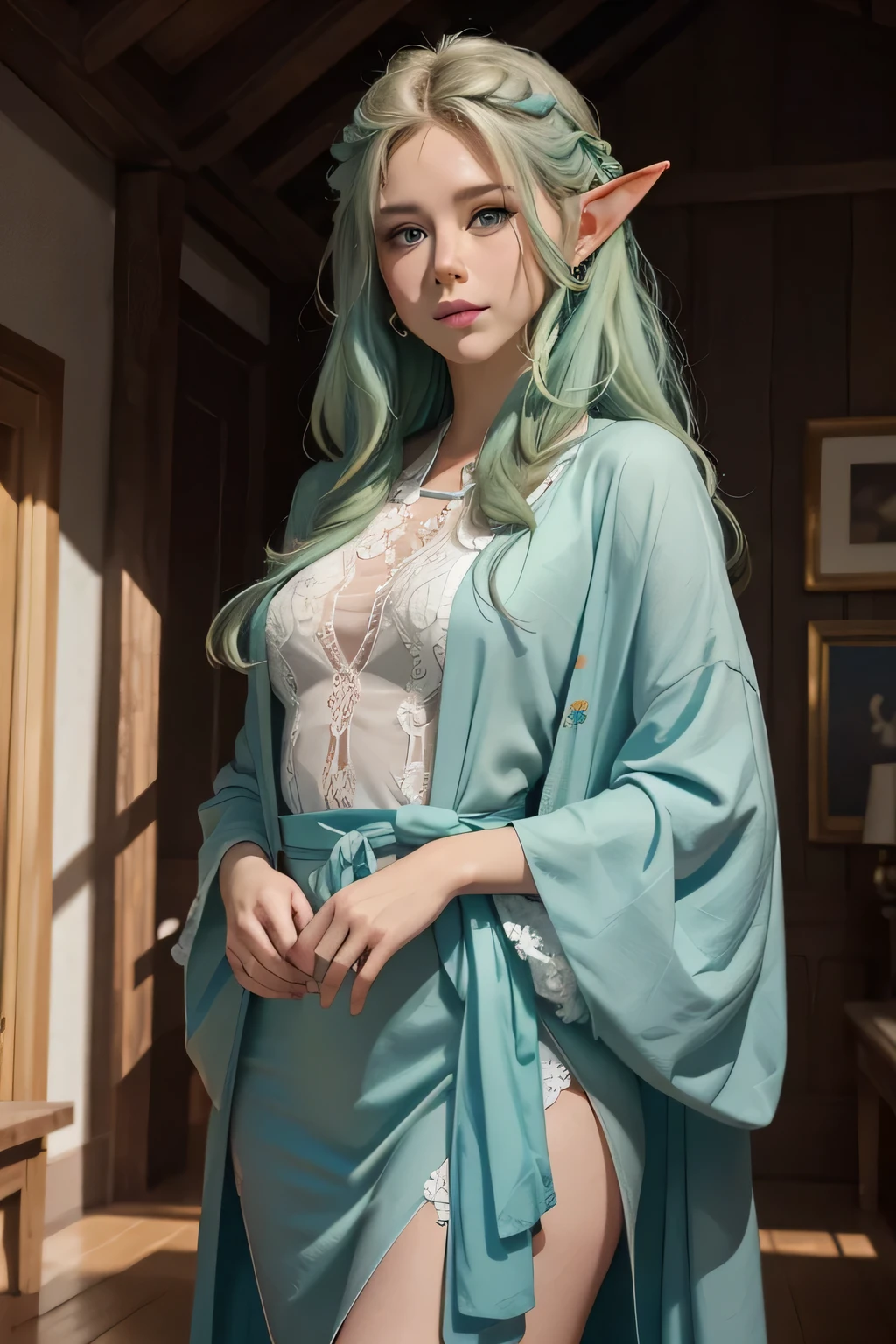 ((best qualityer)), ((work of art)), (detailded), high qualiy, 8K Ultra-HD, 1 A beautiful elf, rosto de Jennifer Aniston ,Long light green hair, blue colored eyes, thin lips, Round face, standing in a futuristic hall , vestindo long robe , clothes of an elf of the elven aristocracy, long robe, perfect hands, pure look, Perfect artwork, work of art, Character details, free and perfect scene ,clear lighting, detailed shadows 