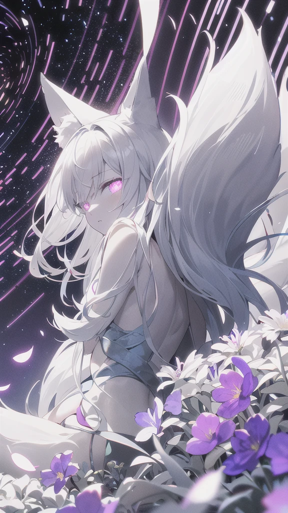 {{{{masterpiece}}}}, {{{hyper detailed}}}, {{{highres}}}, {{good anatomy}}, (((best quality))), ((an extremely delicate and beautiful)), {{an extremely detailed and delicate}}, {8k cg wallpaper}, {{illustration}}, (greyscale with colored background:1.15), (purple background:1.1), ray tracing, bokeh, (light particles:1.3), (glow:1.1), (flowers:1.3), petals, flowers, (star trail:1.3), (chromatic aberration:1.2), (from side), (from below:1.1), 1girl, solo, (looking at viewer:1.2), (sitting:1.1), (glowing eyes:1.2), hiten1, ((little neko ears)), ((white fox tail))