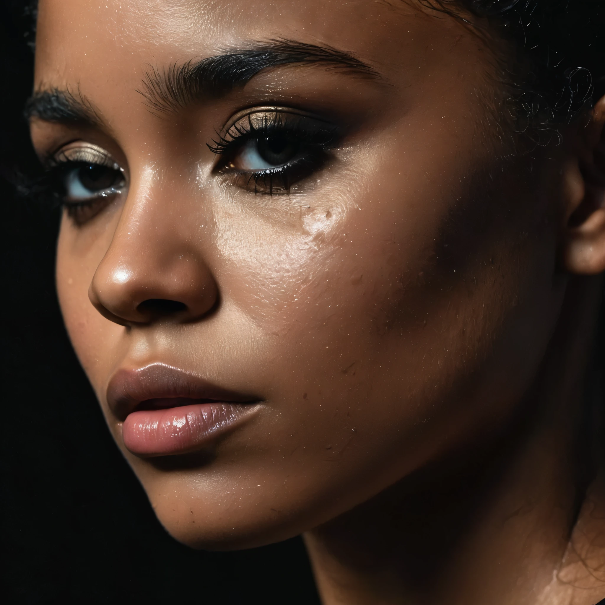 close up and zoomed in on a beautiful depressed very sad emotional sad crying black girl and a black background, sad, depressed, emotional, close up on side profile only showing cheek and eyelight falling on face, noir photorealism, mysterious portrait of a woman, chiaroscuro portrait, close up on side profile, tinashe, zoe kravitz, zoomed in on tear drop, euphoria vibes, black and white, dark
