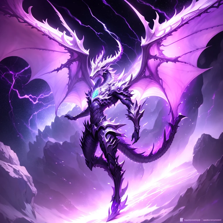 (1 dragon) full body, silver fantasy storm dragon, large horns, large white wings, purple lightning energy behind, purple lightning, purple energy around