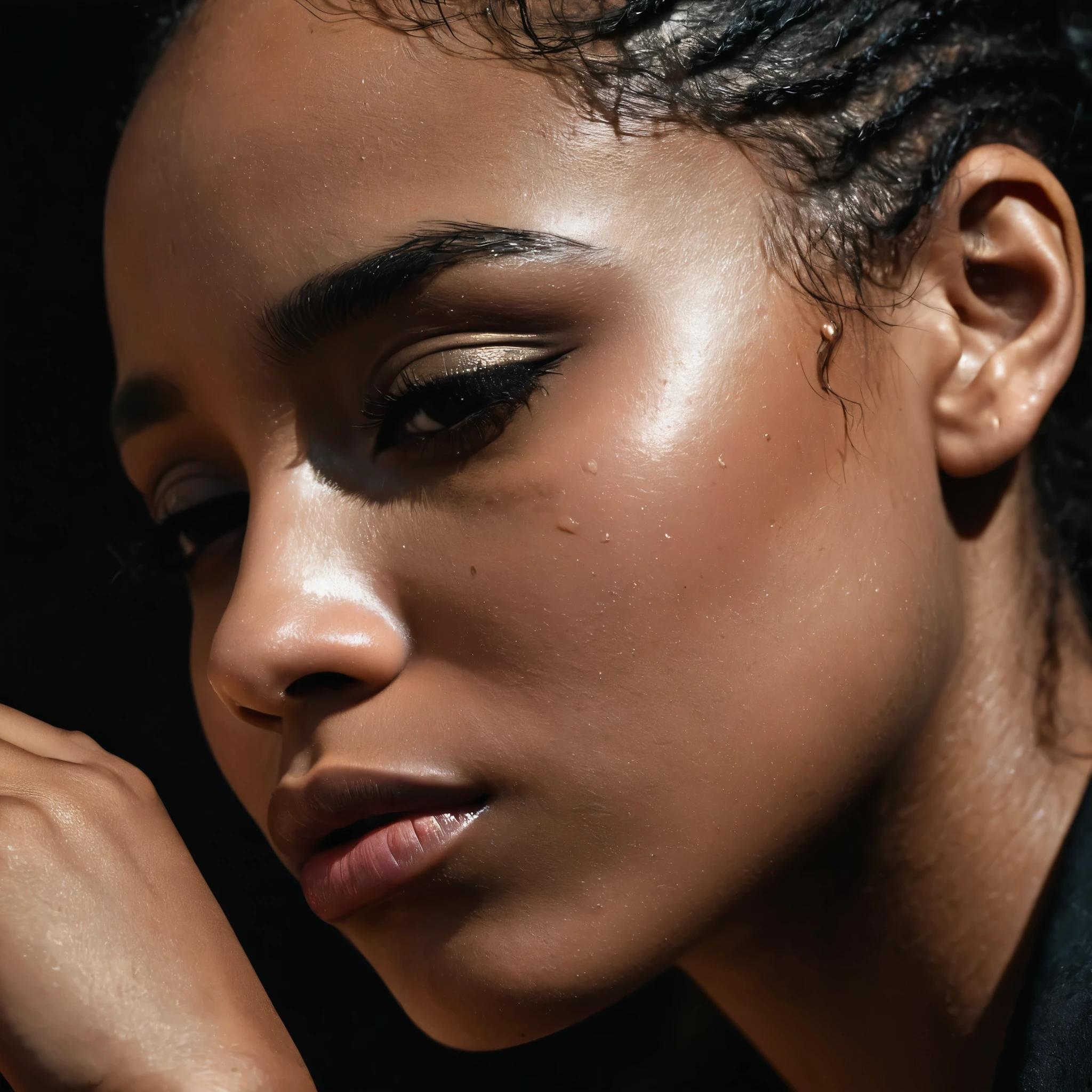 close up and zoomed in on a beautiful depressed very sad emotional sad crying black girl and a black background, sad, depressed, emotional, close up on side profile only showing cheek and eyelight falling on face, noir photorealism, mysterious portrait of a woman, chiaroscuro portrait, close up on side profile, tinashe, zoe kravitz, zoomed in on tear drop, euphoria vibes, black and white, dark
