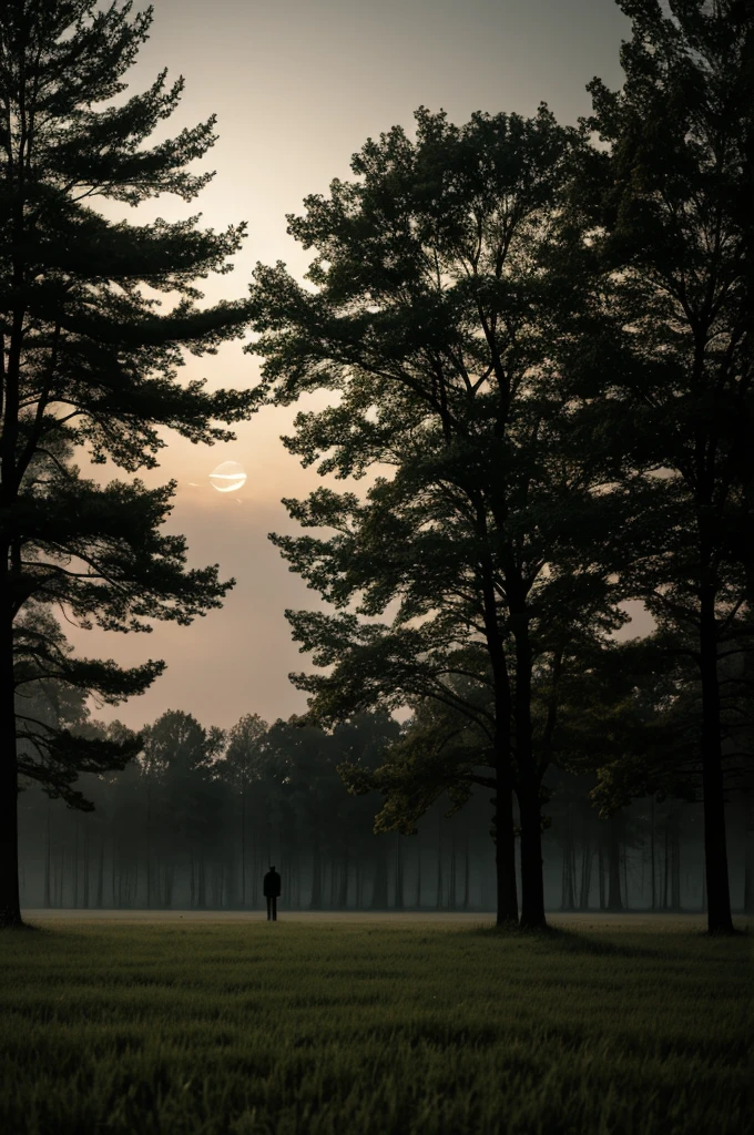 Dark night drawing in the field with trees