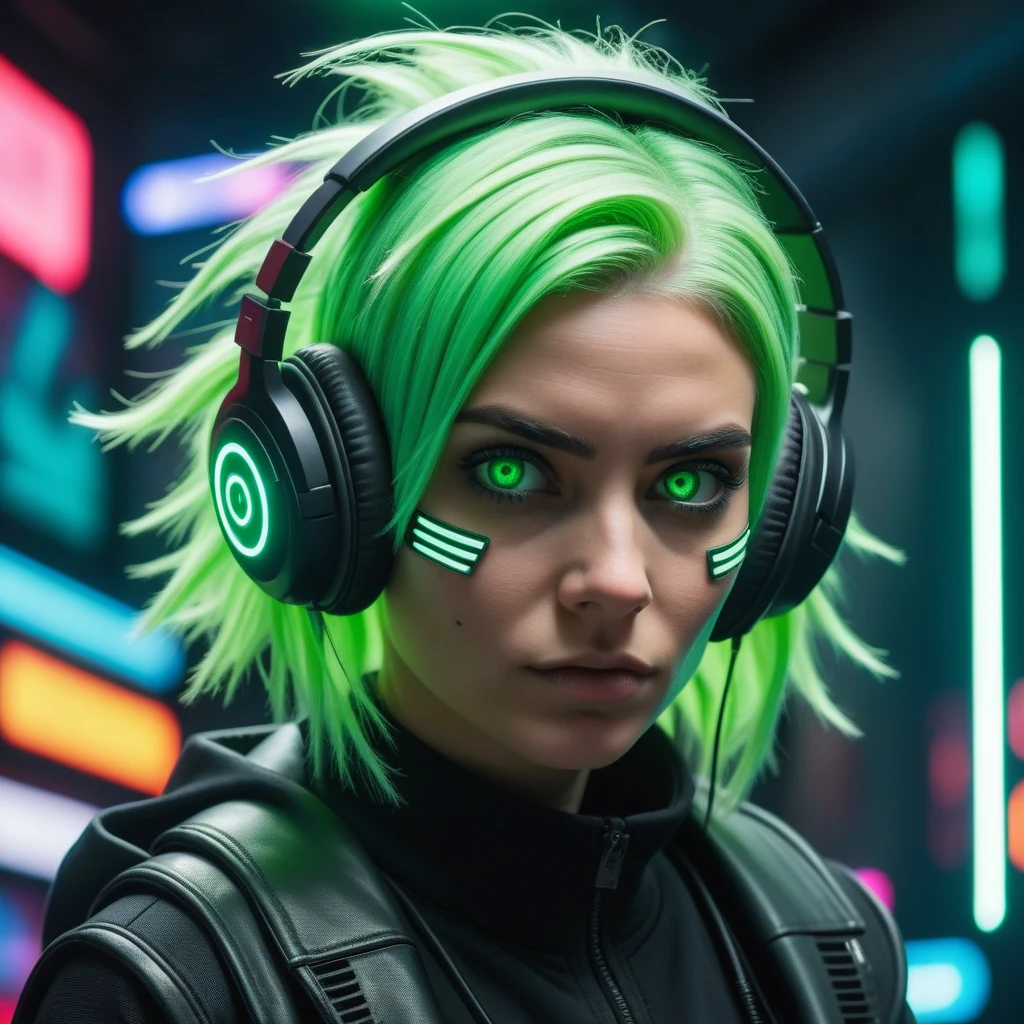 (((work of art, best qualityer, high qualiy,))) (pop art:0.8), Woman, messy green hair, (Glitch:1.33), glowing white eyes, just a strange face in a, strange place, detailed back ground, (ninja), cyber punk, headphones