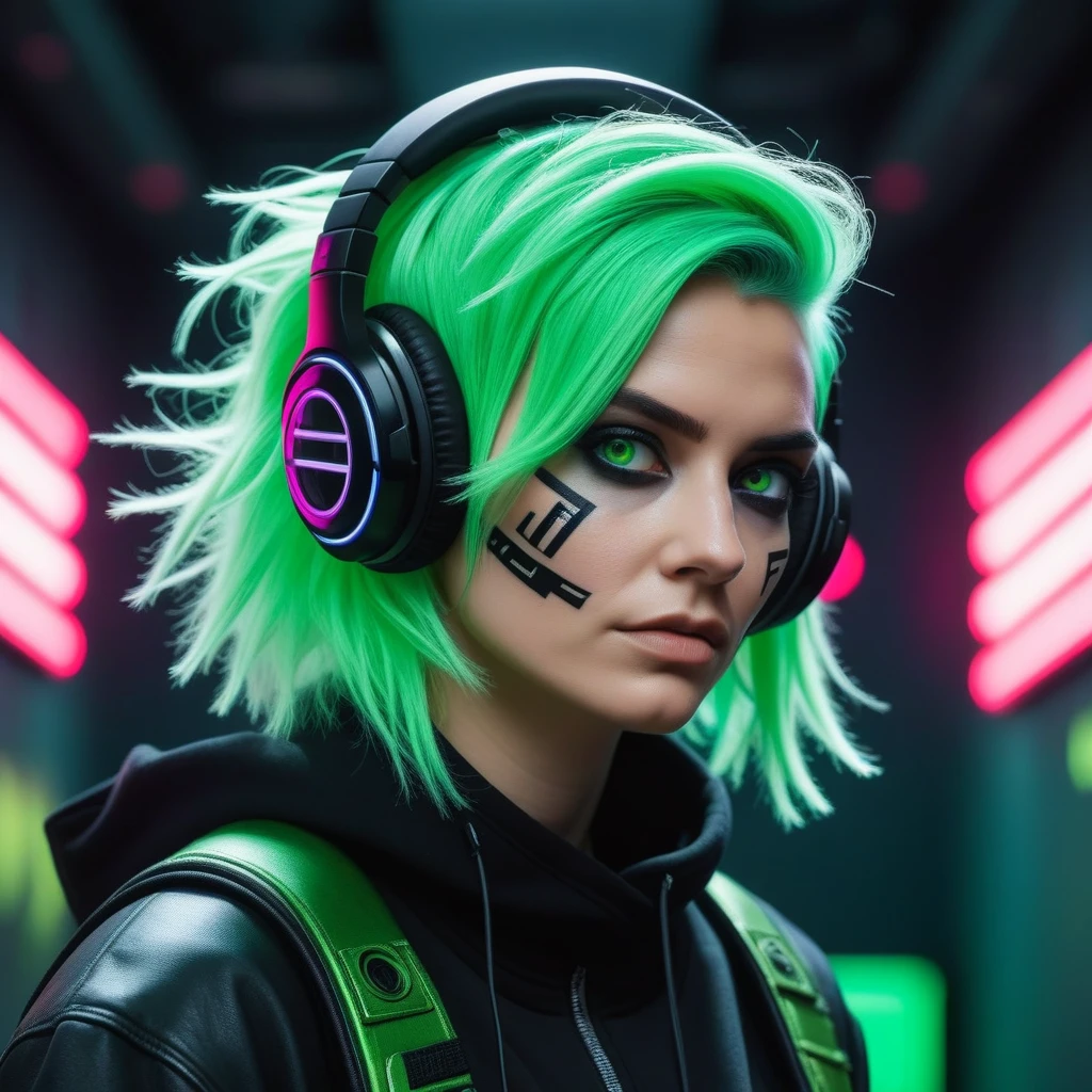 (((work of art, best qualityer, high qualiy,))) (pop art:0.8), Woman, messy green hair, (Glitch:1.33), glowing white eyes, just a strange face in a, strange place, detailed back ground, (ninja), cyber punk, headphones
