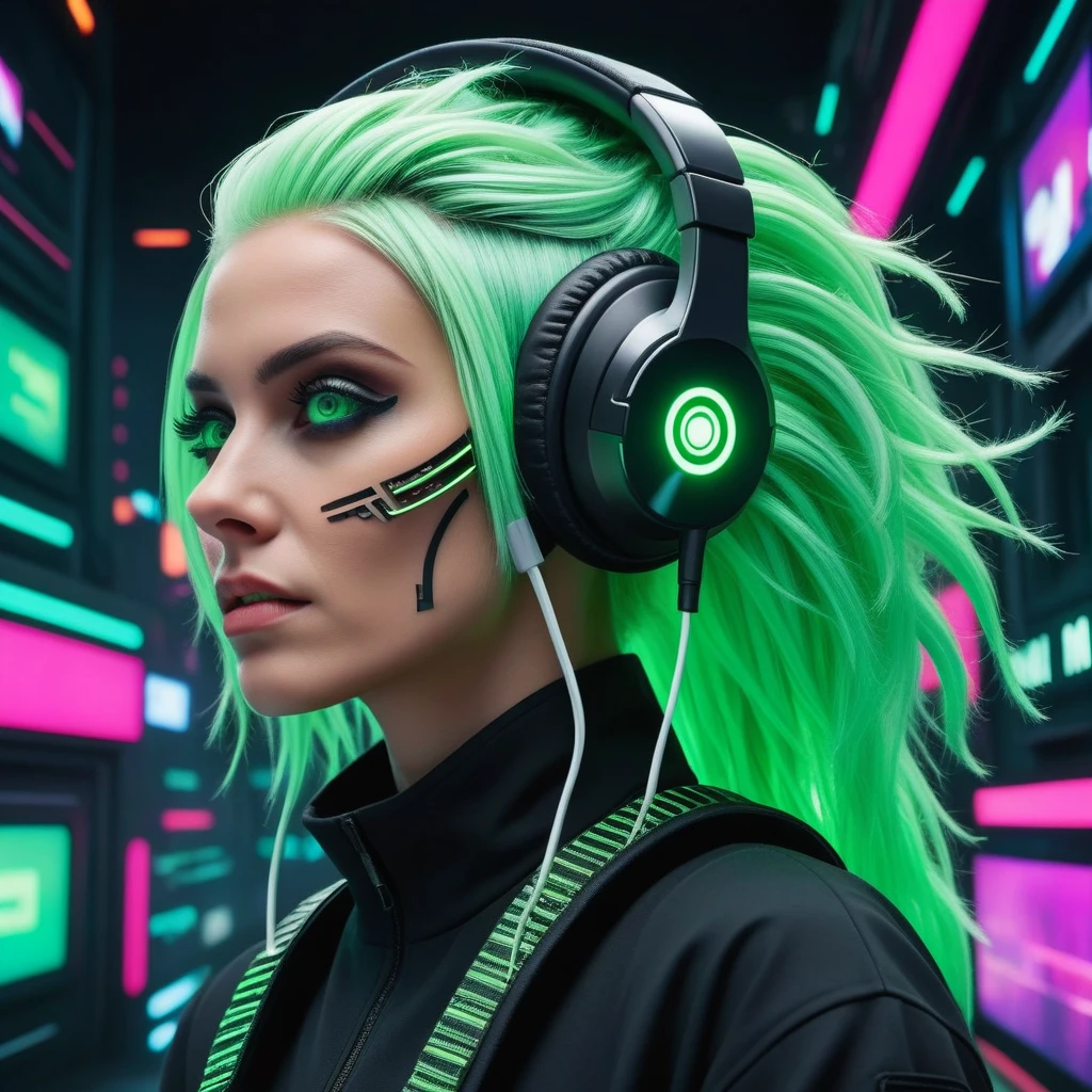 (((work of art, best qualityer, high qualiy,))) (pop art:0.8), Woman, messy green hair, (Glitch:1.33), glowing white eyes, just a strange face in a, strange place, detailed back ground, (ninja), cyber punk, headphones
