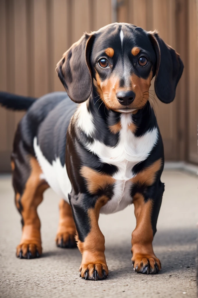 A dachshund dog with white coloring with brown spots
