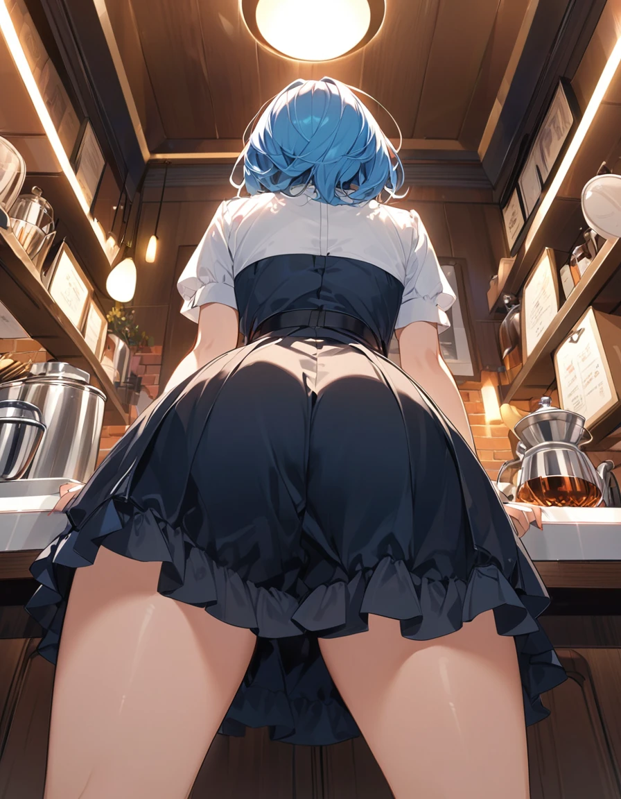 Young girl with blue hair,short straight hair and short bangs (purple eyes),, ((small bushy eyebrows)), wearing gothic lolita clothing, lolicon , large breast, breasts out of blouse, walking to school, bored look, bored face, , suddenly having sex in public, ((doggy style sex)), ((public sex in a restaurant)) naked ass in the male crotch, perfect anatomy, young boy fucking her
