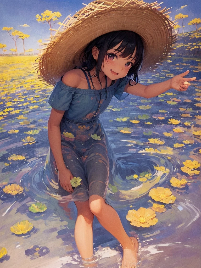 A  wearing a straw hat standing in a field, 6 years old, A brilliant smile, Black hair, in the style of charming anime characters, fang lijun, tranquil scenes, official art, claborate - style painting, colorful animation stills, mural painting, 32k uhd, A strong ink wash style with tough lines