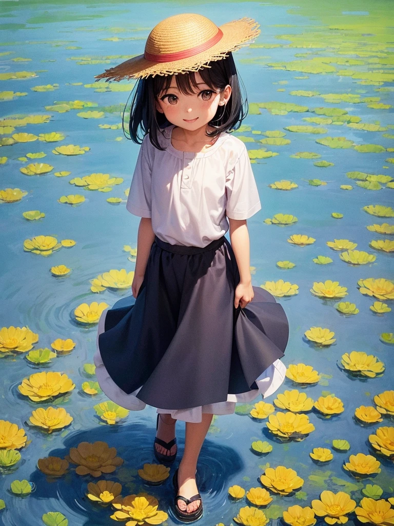 A wearing a straw hat standing in a field, 6 years old, A brilliant smile, Black hair, in the style of charming anime characters, fang lijun, tranquil scenes, official art, claborate - style painting, colorful animation stills, mural painting, 32k uhd, A strong ink wash style with tough lines