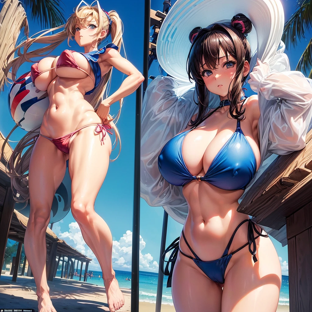 one on the beach (((breasts a little big))) (((big-ass)))  (((anime ultra realistic))) (((bikini a little loose)))(((breasts forward))) (((glad))) (((using ultra fine biquini))) (((semi-new)))