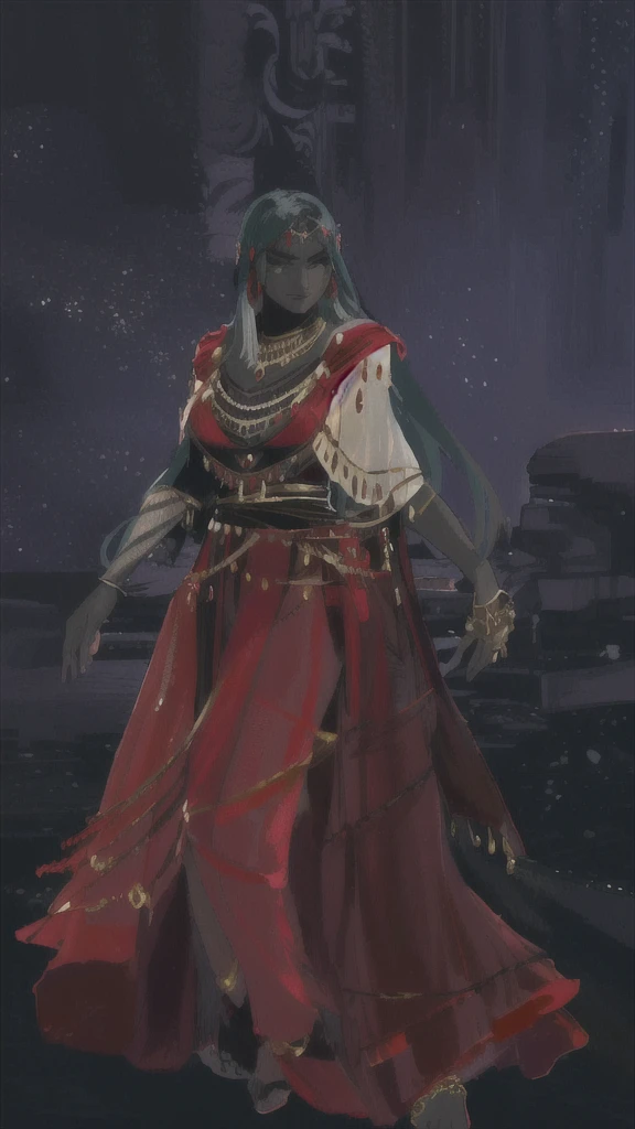 arafed image of a woman dressed in a red dress and gold jewelry, a very beautiful berserker woman, dark skin female goddess of love, ornate attire, crimson attire, darkpowerful elegant, full dress of lava showcase, female revenant, ornate flowing robes, lunar themed attire, wearing cultist red robe, dancer