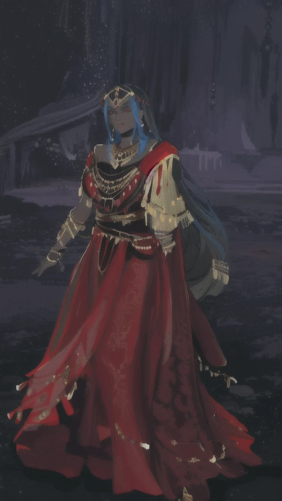 arafed image of a woman dressed in a red dress and gold jewelry, a very beautiful berserker woman, dark skin female goddess of love, ornate attire, crimson attire, darkpowerful elegant, full dress of lava showcase, female revenant, ornate flowing robes, lunar themed attire, wearing cultist red robe, dancer