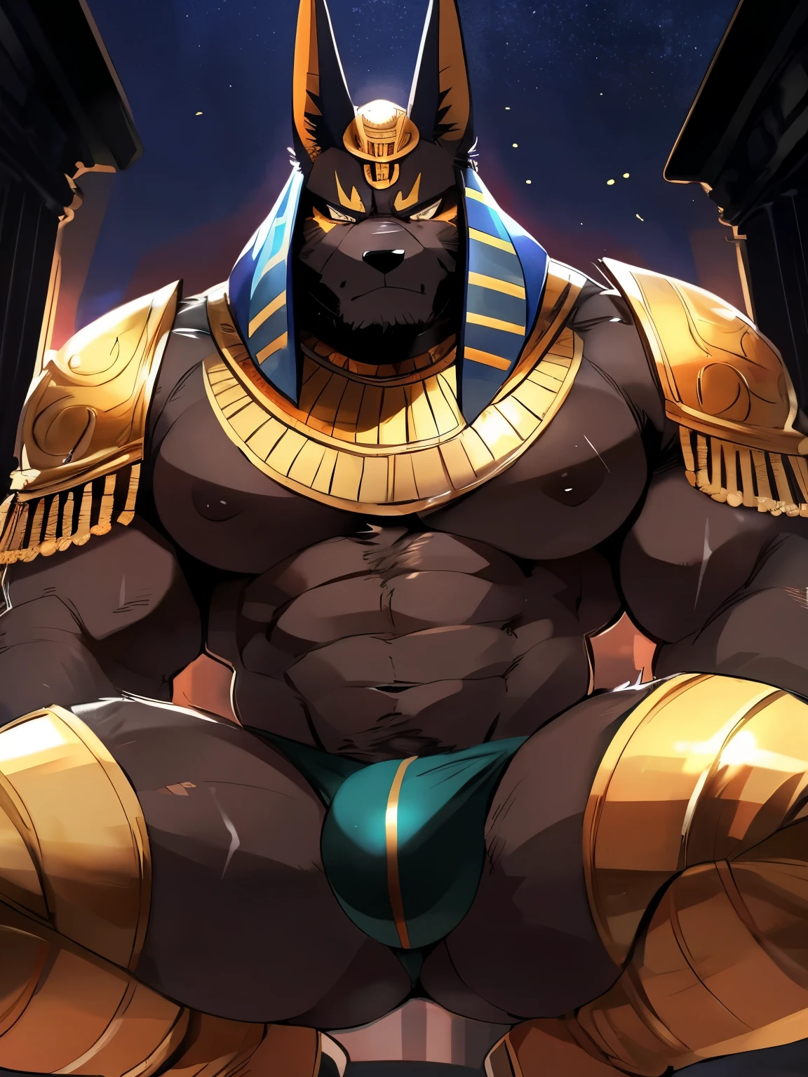 Muscular, male, furry, fluffy, Covered scars, bare chest, hot, (wet: 1.1), abs, wide body, egyptian jewelry, egyptian armor, Looking at viewers, thick beard , (bara pecs: 1.1), anthro jackal, anubis mask, black body, black furr chest, wide body, (big chest: 1.3) , crouching down, thick thighs, wearing thong, (bulge: 1.1), barely visible genitals, detailed genitals outline , intimidating frown expression, gold nipples ring, dark dramatic lighting, night time, low angle, dutch angle, by hyaku , by darkgem