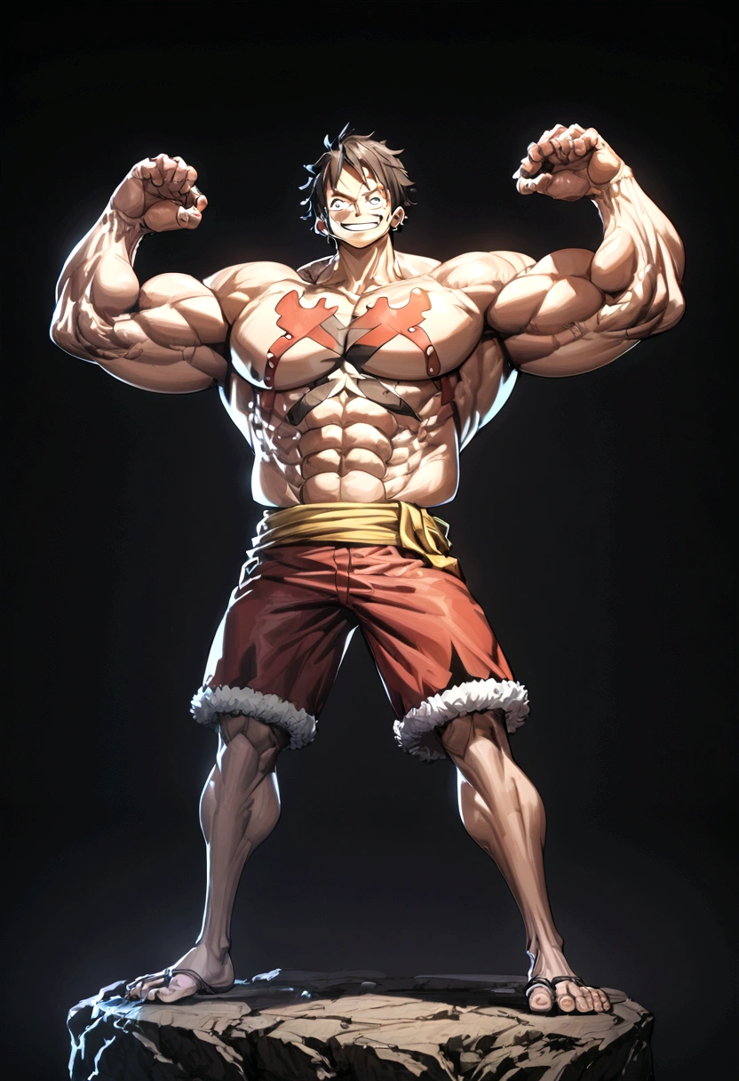 1 male, luffy, one piece, smiling, full body, Facial features carefully detailed, hands carefully depicted, very muscular, doing crab pose muscle flex, dark background, 8k, best quality