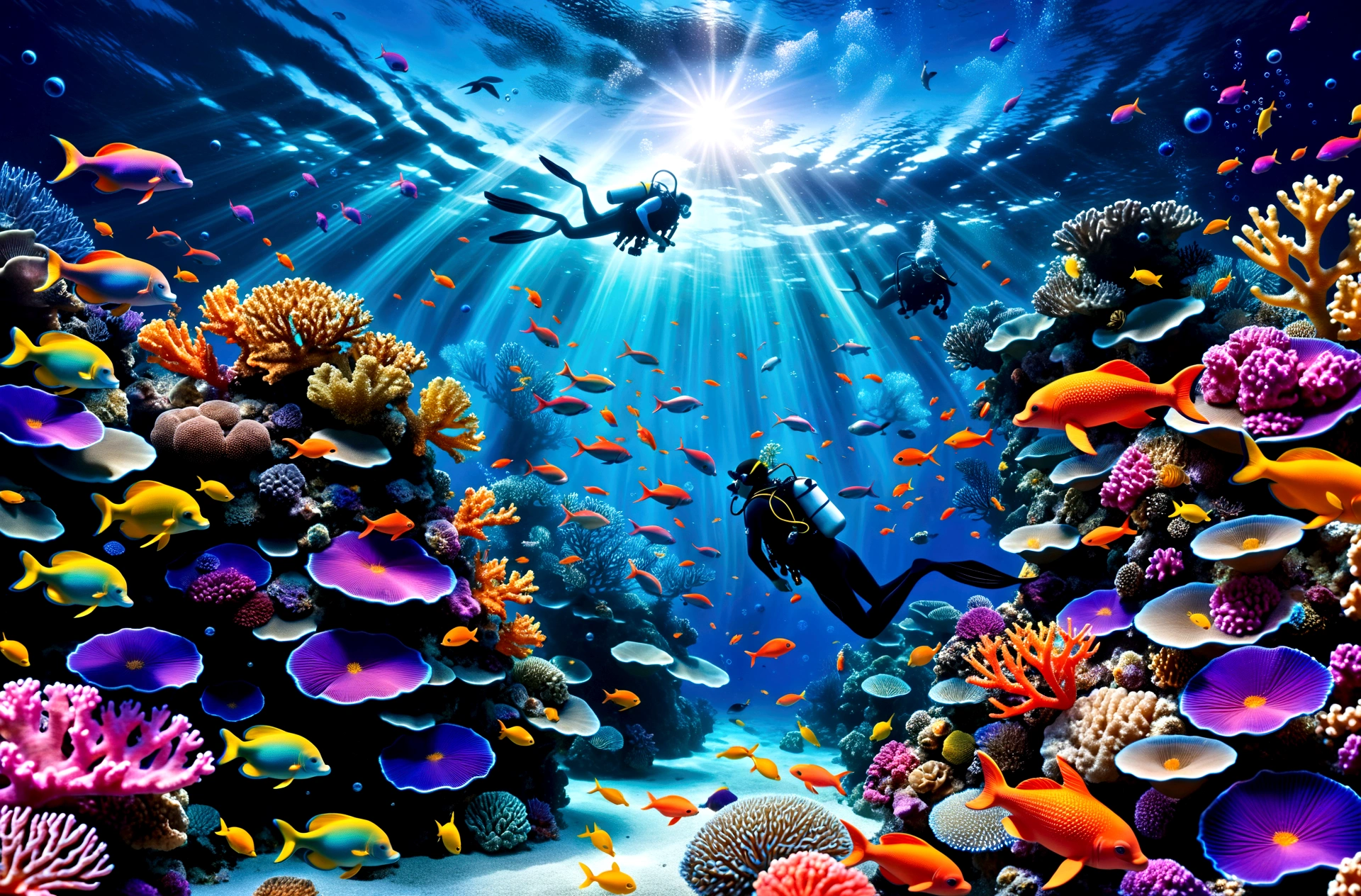 the image showcases a hyper-realistic and fantastical style, blending elements of underwater photography with digital art touches.(( A detailed diver in full gear explores a vibrant coral reef )), surrounded by multicolored fish that emit pulsating lights. (( Small bioluminescent creatures dance around the diver, leaving luminous trails behind them )). only one dolphin, gracefully leaping above the water toward the upper center of the image, leaves a trail of stardust in its wake. ( Ethereal bubbles reflecting the cosmic sky gently float around the underwater scene ), while bioluminescent orbs drift in the water, emitting a soft bluish light and creating mystical reflections. The dense and colorful coral reef occupies much of the center of the image, while the background shows a transition between the ocean and a spectacular starry sky, with luminous galaxies and nebulae. Silhouettes of mythical creatures, such as mermaids or aquatic dragons, can be seen in the background. The depth of field is vast, allowing for clear sharpness of both near and distant elements, giving a sense of immensity and depth to the image. Dominant colors include deep blues of the ocean, vibrant oranges and yellows of the fish, and purples and pinks of the galaxies and corals. These contrasting colors enhance the fantastical and dreamlike quality of the image. The composition follows a diagonal from the bottom left to the top right, guiding the viewer's eye from the diver and corals to the dolphin and the cosmic sky. This diagonal reinforces the dynamism of the scene. Finally, a shimmering mist envelops the scene, giving it an ethereal quality, almost like a dream.