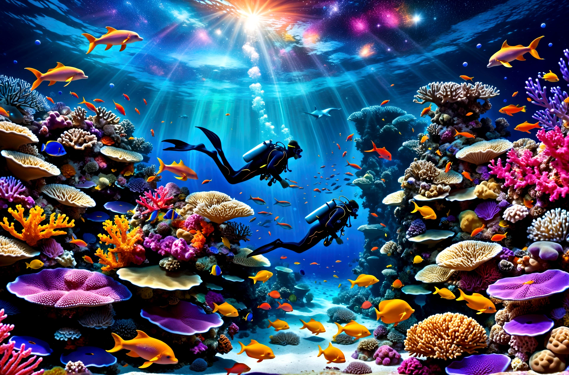 the image showcases a hyper-realistic and fantastical style, blending elements of underwater photography with digital art touches.(( A detailed diver in full gear explores a vibrant coral reef )), surrounded by multicolored fish that emit pulsating lights. (( Small bioluminescent creatures dance around the diver, leaving luminous trails behind them )). only one dolphin, gracefully leaping above the water toward the upper center of the image, leaves a trail of stardust in its wake. ( Ethereal bubbles reflecting the cosmic sky gently float around the underwater scene ), while bioluminescent orbs drift in the water, emitting a soft bluish light and creating mystical reflections. The dense and colorful coral reef occupies much of the center of the image, while the background shows a transition between the ocean and a spectacular starry sky, with luminous galaxies and nebulae. Silhouettes of mythical creatures, such as mermaids or aquatic dragons, can be seen in the background. The depth of field is vast, allowing for clear sharpness of both near and distant elements, giving a sense of immensity and depth to the image. Dominant colors include deep blues of the ocean, vibrant oranges and yellows of the fish, and purples and pinks of the galaxies and corals. These contrasting colors enhance the fantastical and dreamlike quality of the image. The composition follows a diagonal from the bottom left to the top right, guiding the viewer's eye from the diver and corals to the dolphin and the cosmic sky. This diagonal reinforces the dynamism of the scene. Finally, a shimmering mist envelops the scene, giving it an ethereal quality, almost like a dream.