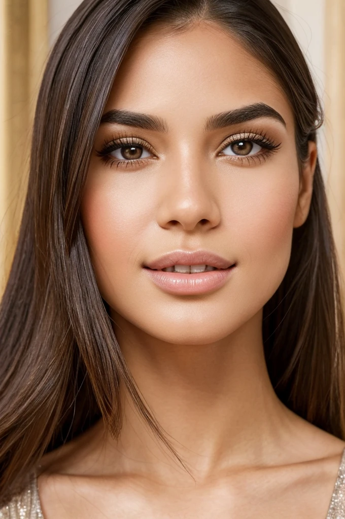 high resolution photo frontal portrait of a woman that has a classically beautiful face with delicate, feminine features. Her most striking attributes are her long, flowing straight black hair
 and captivating honey-colored eyes. She has large, expressive eyes with long, dark eyelashes and warm, light brown irises flecked with gold. Gabriela has high, sculpted cheekbones, a small, straight nose, and full, pouty lips. Her eyebrows are perfectly shaped and groomed, and she has a heart-shaped face with a strong jawline and slightly pointed chin. Overall, Gabriela radiates beauty, confidence and warmth, with a genuine smile that lights up her face and draws people in, style raw