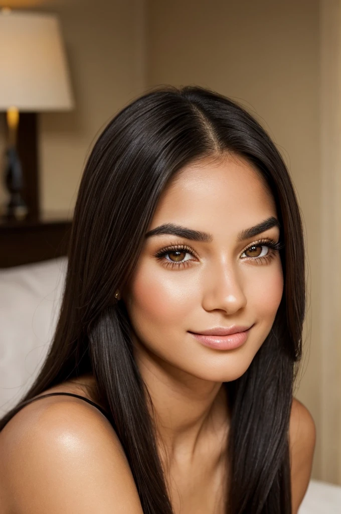 high resolution photo frontal portrait of a woman that has a classically beautiful face with delicate, feminine features. Her most striking attributes are her long, flowing straight black hair
 and captivating honey-colored eyes. She has large, expressive eyes with long, dark eyelashes and warm, light brown irises flecked with gold. Gabriela has high, sculpted cheekbones, a small, straight nose, and full, pouty lips. Her eyebrows are perfectly shaped and groomed, and she has a heart-shaped face with a strong jawline and slightly pointed chin. Overall, Gabriela radiates beauty, confidence and warmth, with a genuine smile that lights up her face and draws people in, style raw
