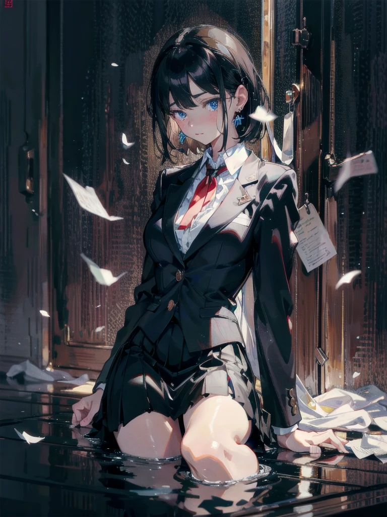 absurdres, RAW photo, extremely delicate and beautiful, masterpiece, Best Quality, ultra high resolution, 32k, hyperrealistic, ultra-detailed, in her 20s, delicate facial features, tearful mole, earring, medium breasts, full body shot, shorter middle hair, black hair, school_uniform, blazer,