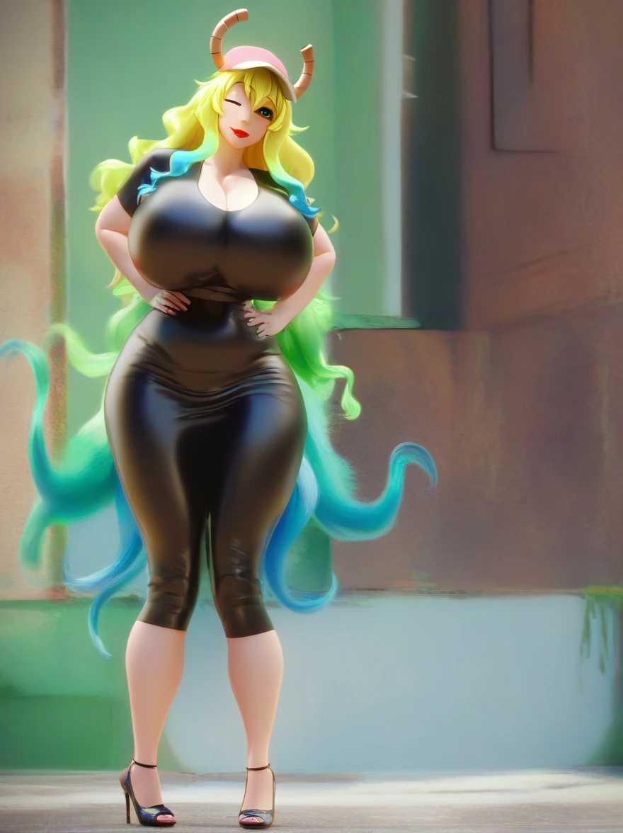 masterpiece, 1girl, mature female, best quality, (cleavage:0.2), (gigantic breasts:1.0), big eyes, (curvy:0.8), caustics, Lucoa - Maid Dragon, blonde hair, gradient hair, heterochromia, yellow eye, green eye, horns, one eye closed, lucoa, Lucoa - Dragon Maid, plump lips, red lipstick, latex clothes, shiny skin, latex skin, latex hobble dress, high heels, standing, whole character in view