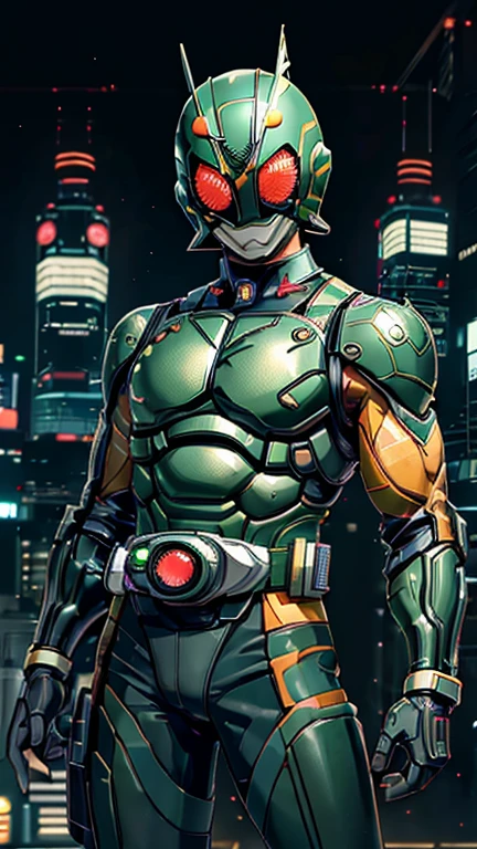 (8k),(masterpiece),(Japanese),(8-year-old boy),((innocent look)),((Childish)),From the front,smile,cute,Innocent,Kind eyes,Flat chest, green helmet,Orange domino mask, Aquaman, short,Black Hair,Strong wind,night,dark, Neon light cyberpunk city,Kamen rider,camisa