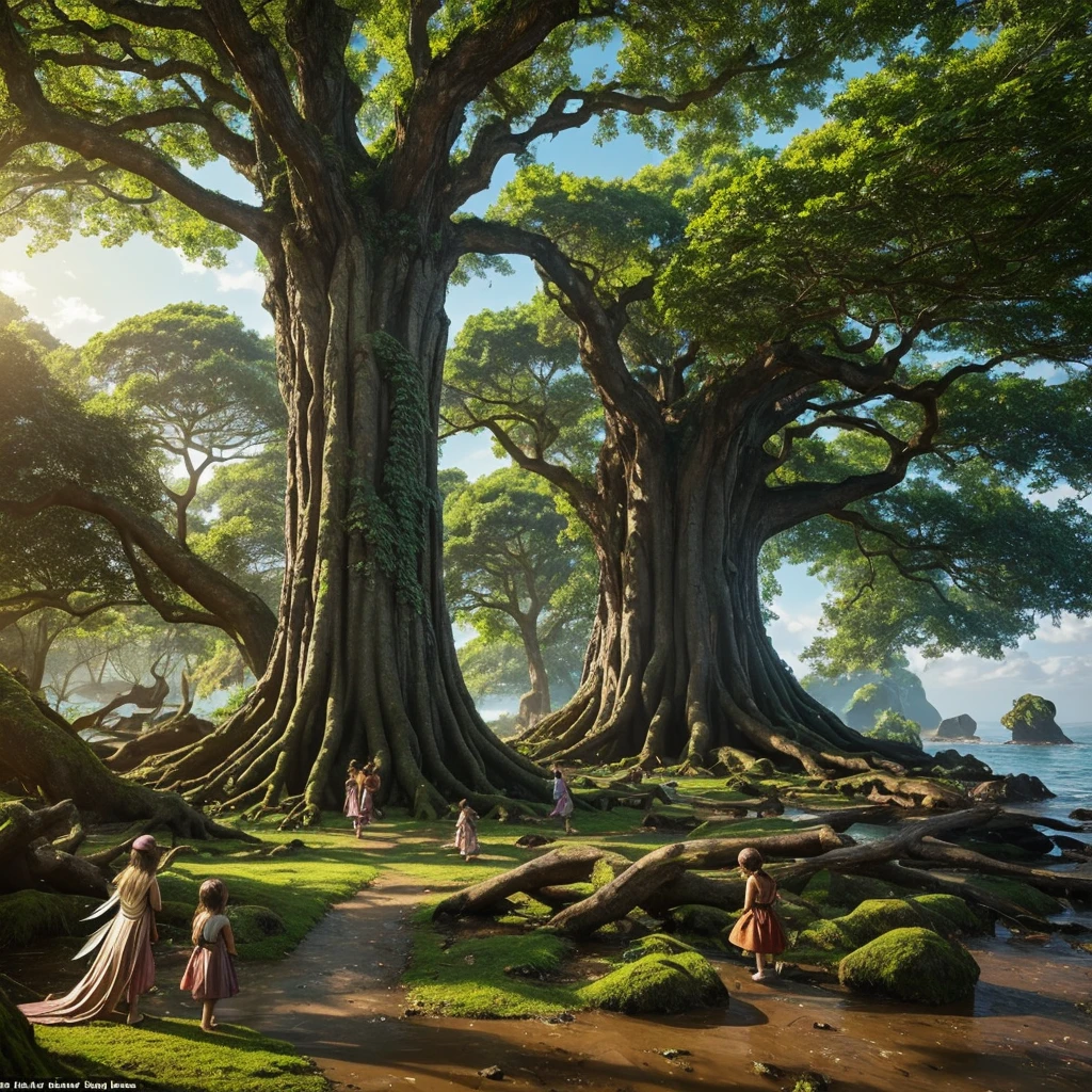 a giant, leafy tree with enormous roots and glossy leaves and fruits; The tree emerges from the waters of a great ocean, primordial and greenish, full of primordial life: fairy beings, fairies, goblins, trolls and gremlins, large and small, are born from the tree, living in harmony; In the sky you can see the living universe, planets and nebulae. in the pictorial style of