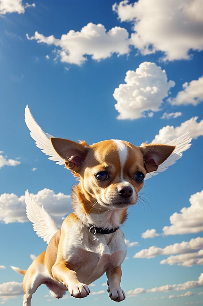 A chihuahua dog flying in the sky like an angel and angel wings