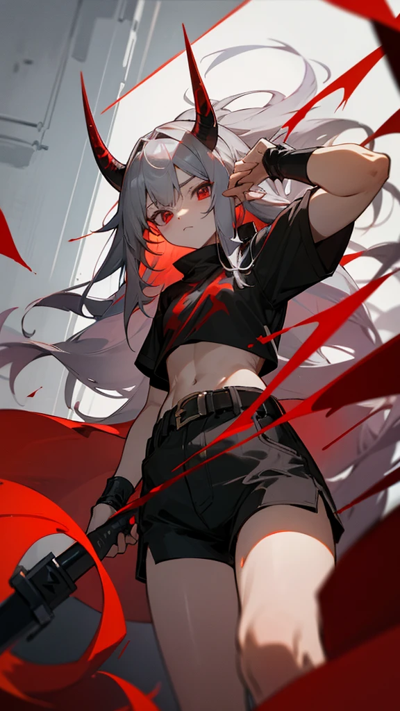 horn、red、black、Long Hair、Gray Hair、strong、devil、Shorts、belt