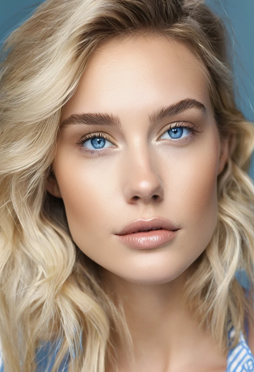  french girl with blonde hair and blue eyes,belles lèvres et yeux détaillés, détaillé et ,peau imparfaite,peau texturée,Partie supérieure du corps,beaux cheveux blonds détaillés,porter un crop top blanc , veste à rayures bleues, air force blanche , plan pris avec un iphone dans un mirroir  situer dans une chambre 