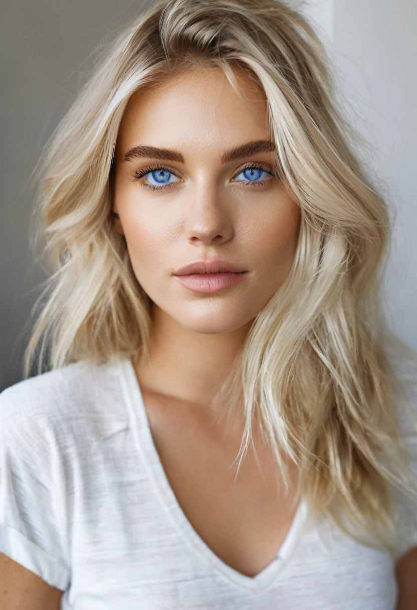  french girl with blonde hair and blue eyes,belles lèvres et yeux détaillés, détaillé et ,peau imparfaite,peau texturée,Partie supérieure du corps,beaux cheveux blonds détaillés,porter un crop top blanc , veste à rayures bleues, air force blanche , plan pris avec un iphone dans un mirroir  situer dans une chambre 