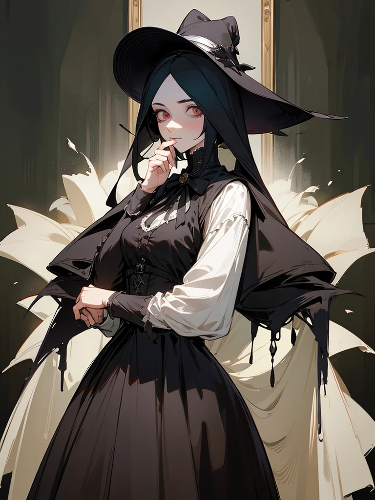 A female plague doctor. She would have totally black hair, her hair is short and messy. Her eyes would also be black and she would be very tall, having the appearance and stature of an adult. Her clothes would cover her entire body except for her face.
Victorian Style art. Dark Art.