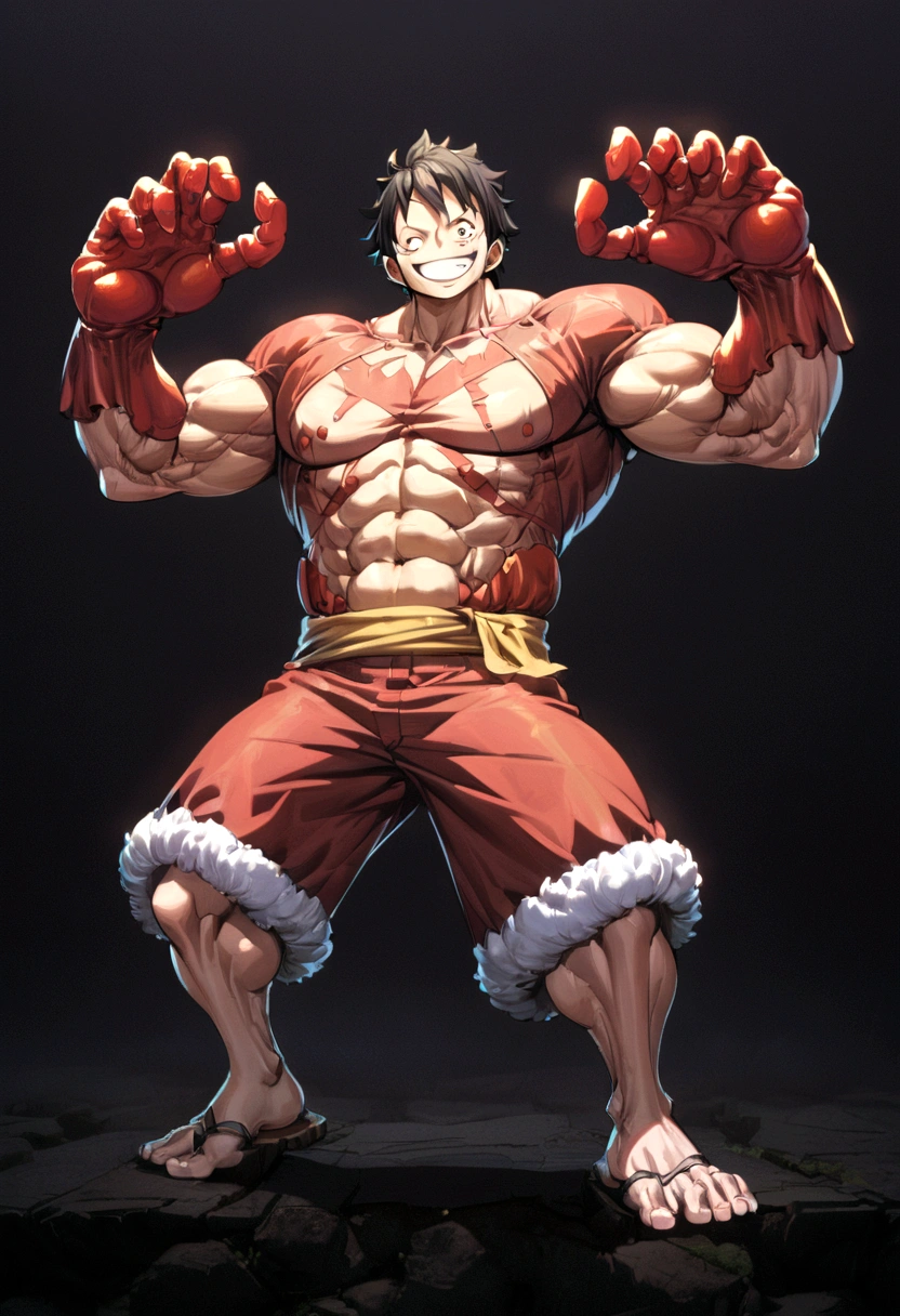 1 male, luffy, one piece, smiling, full body, eyes are very well depicted, Facial features carefully detailed, hands carefully depicted, very muscular, doing crab pose muscle flex, dark background, 8k, best quality