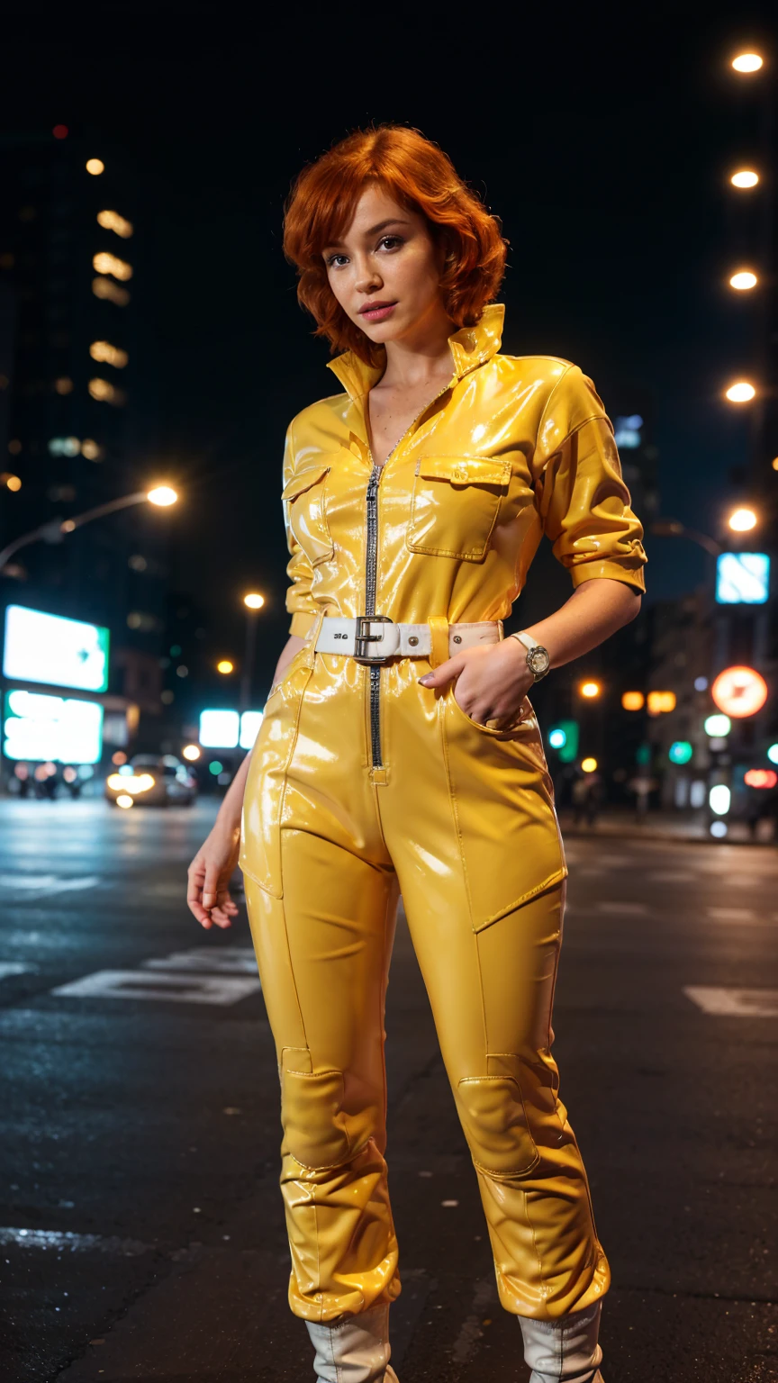 (masterpiece), (best quality), (solo character), (photorealistic:1.4), (chr1sh3n wearing white belt), (April O'Neil_v1 costume, jumpsuit), (yellow latex jumpsuit), (apriloneil white belt), (apriloneil boots), (aprilonei wearing watch), (epiCRealLife), (lora:epiCFlashPhoto), (red hair), (red lipstick), (brown eyes), (young woman), (flashphoto), (night time), (new york city street), (traffic light), (different camera angle shots), (look at viewers), (cowboy shots), (close up body), (walking), (close portrait), 