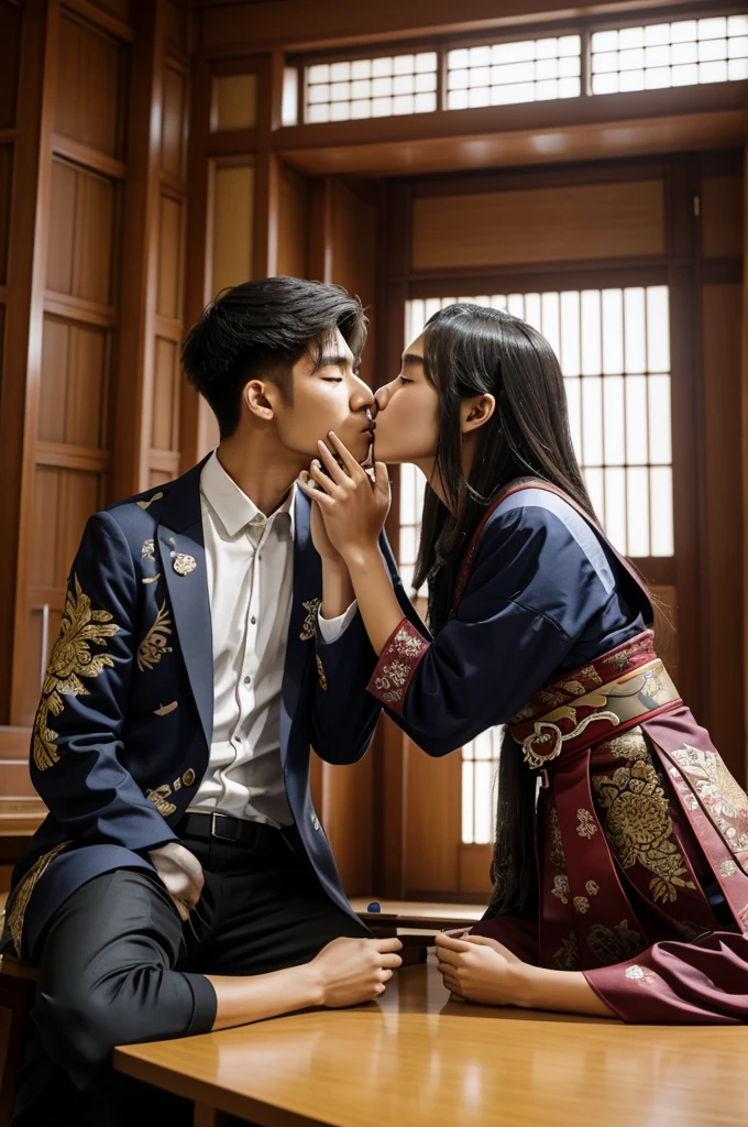 A university hall, with only two students inside (Xiao and Tighnari from Genshin impact), The two are sitting opposite each other with their hands joined and kissing each other on the lips..