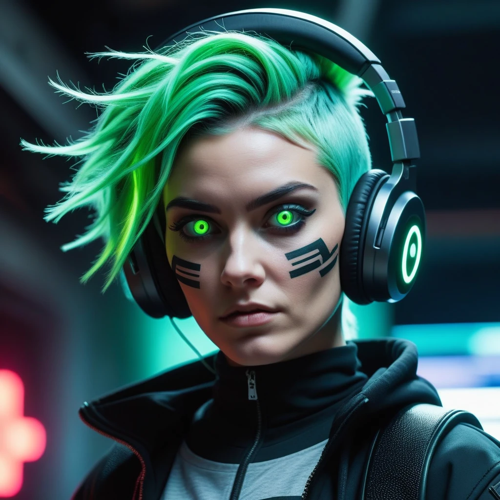 (((work of art, best qualityer, high qualiy,))) (pop art:0.8), Woman, messy green hair, (Glitch:1.33), glowing white eyes, just a strange face in a, strange place, detailed back ground, (ninja), cyber punk, headphones