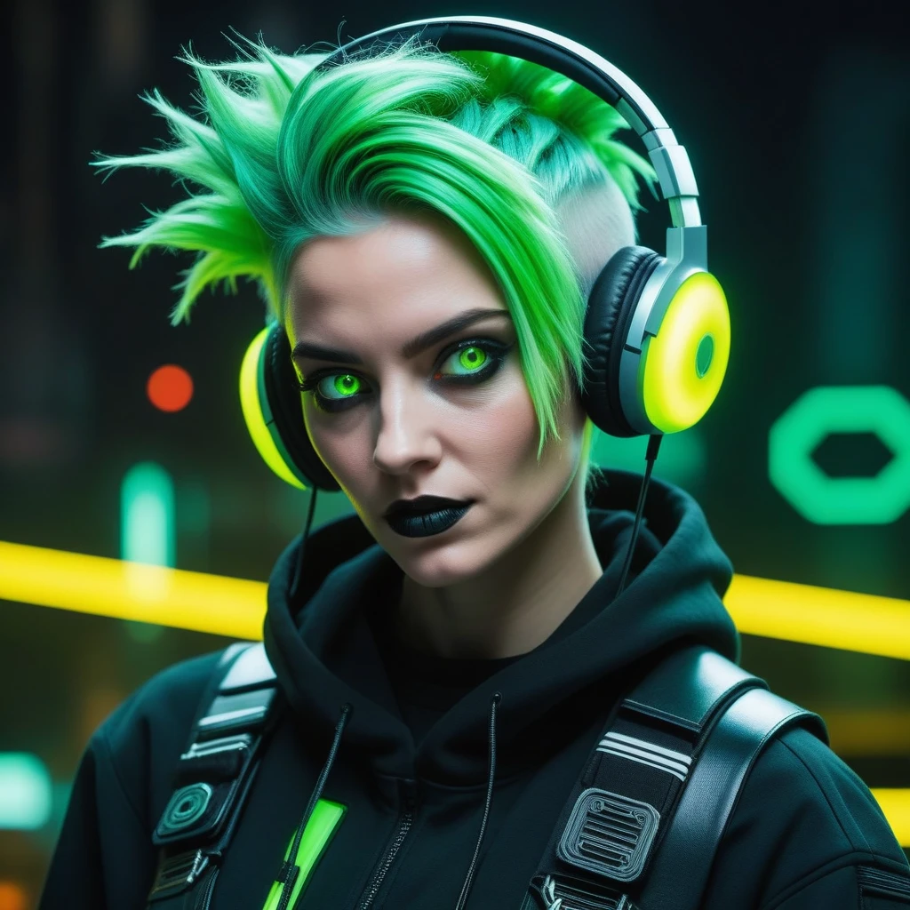 (((work of art, best qualityer, high qualiy,))) (pop art:0.8), Woman, messy green hair, (Glitch:1.33), glowing white eyes, just a strange face in a, strange place, detailed back ground, (ninja), cyber punk, headphones