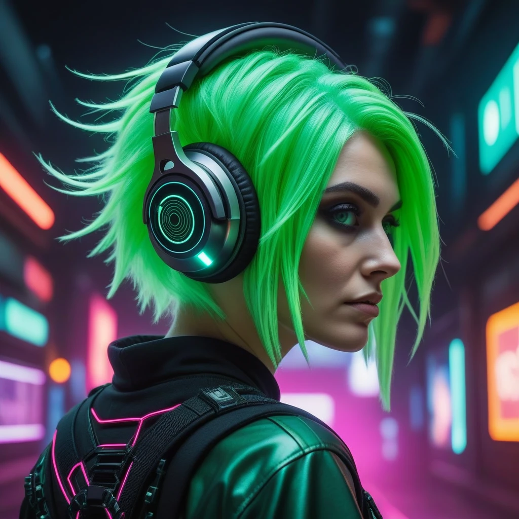 (((work of art, best qualityer, high qualiy,))) (pop art:0.8), Woman, messy green hair, (Glitch:1.33), glowing white eyes, just a strange face in a, strange place, detailed back ground, (ninja), cyber punk, headphones