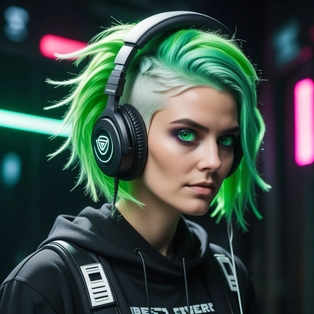 (((work of art, best qualityer, high qualiy,))) (pop art:0.8), Woman, messy green hair, (Glitch:1.33), glowing white eyes, just a strange face in a, strange place, detailed back ground, (ninja), cyber punk, headphones