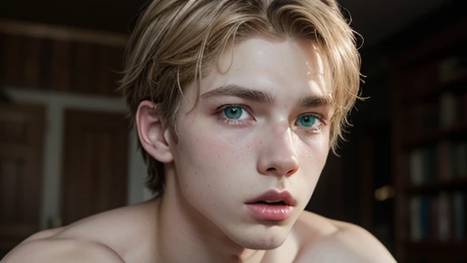 A hyperrealist, Very detailed, and a 16k high resolution image of a young blond man, with green eyes and white skin totally naked masturbating in the company of a black-haired boy