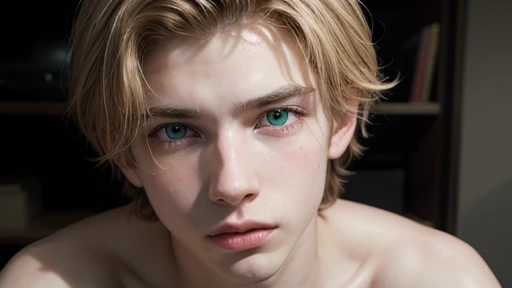 A hyperrealist, Very detailed, and a 16k high resolution image of a young blond man, with green eyes and white skin totally naked masturbating in the company of a black-haired boy